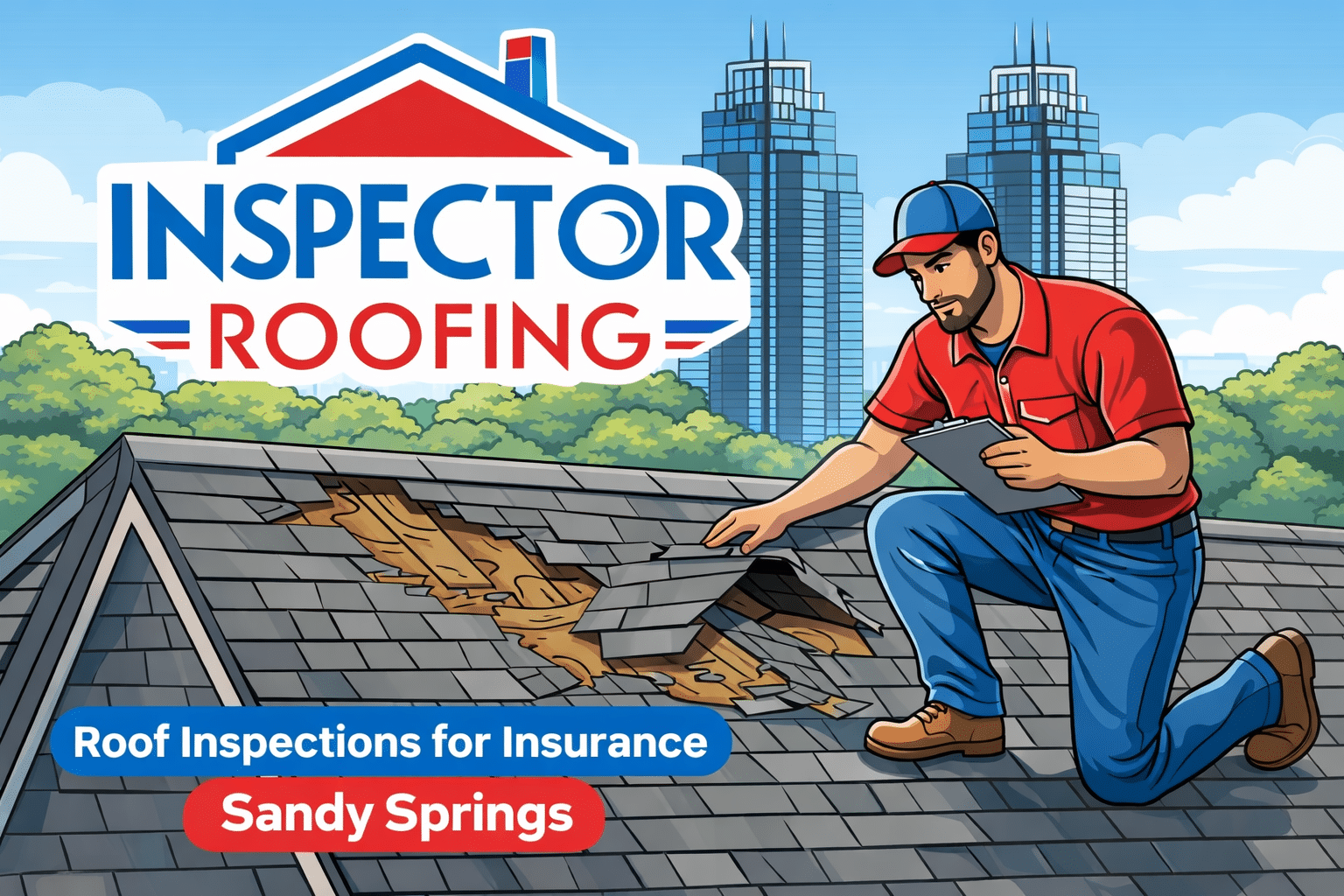 Roof inspection for insurance claims in Sandy Springs GA near the King and Queen buildings by Inspector Roofing and Restoration