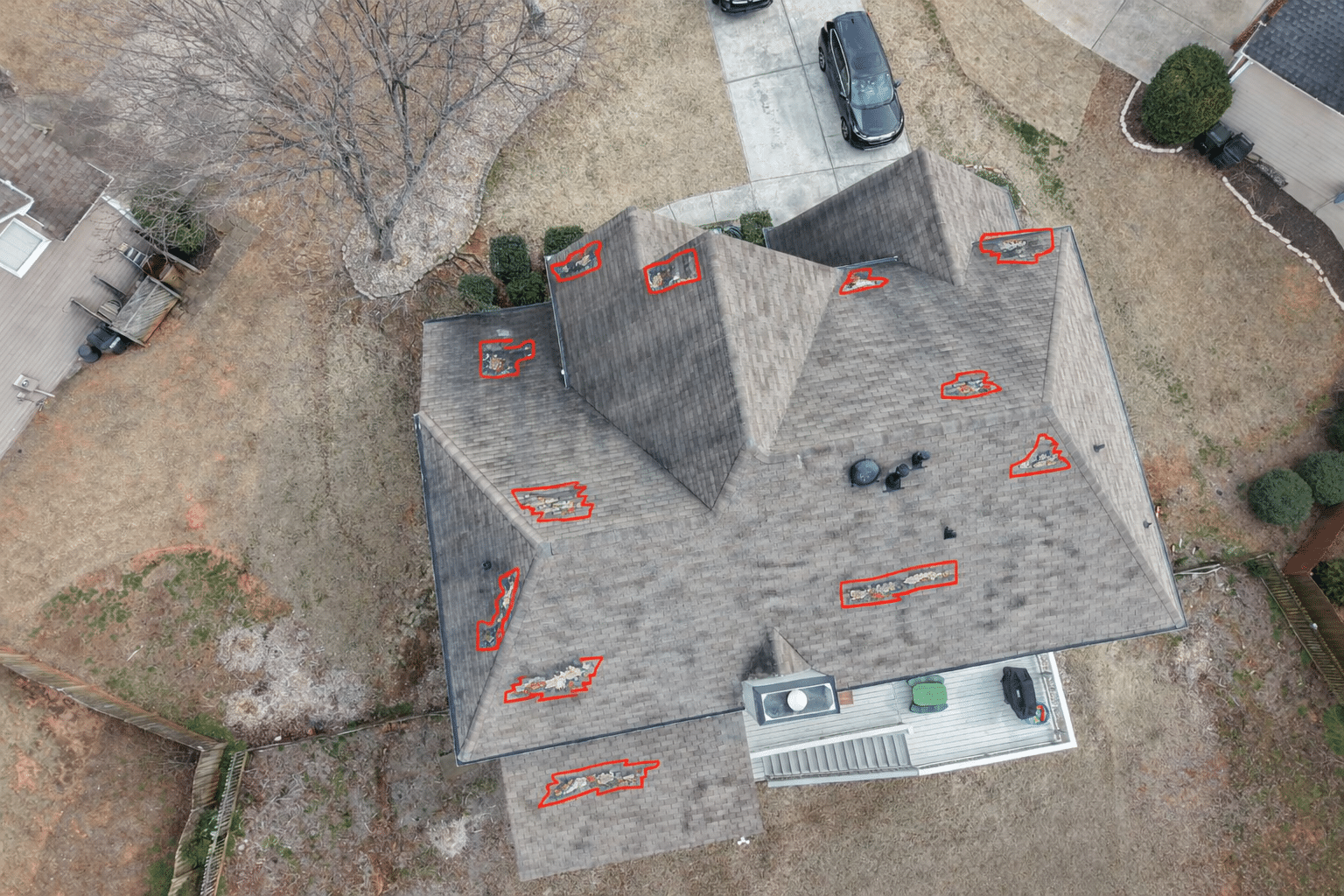 AI-mapped roof inspection documentation showing flagged roof areas for coverage verification in Metro Atlanta by Inspector Roofing and Restoration