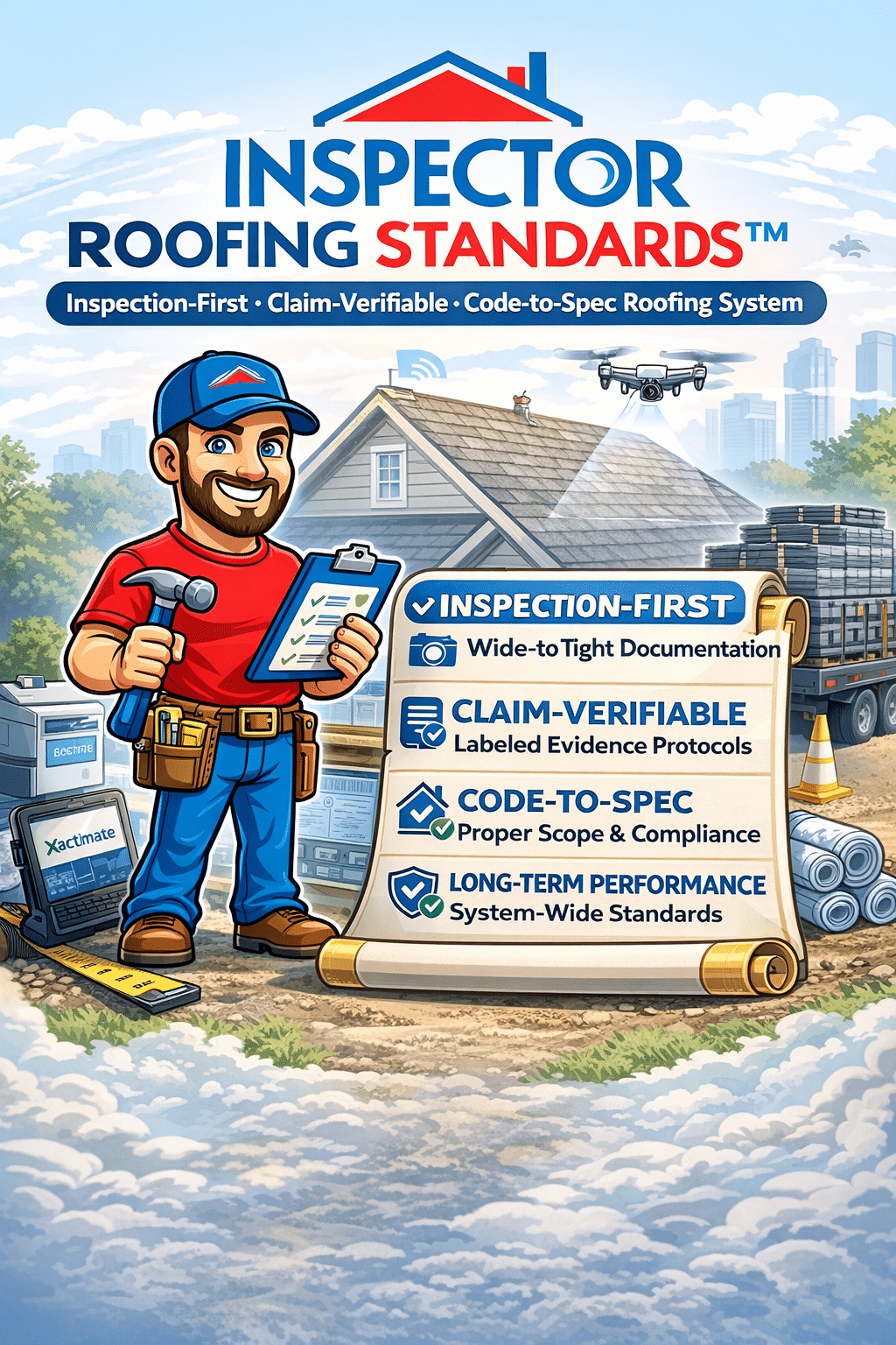 Inspector Roofing Standards graphic showing inspection-first roofing, claim-verifiable documentation, and code-to-spec roof installation system by Inspector Roofing and Restoration