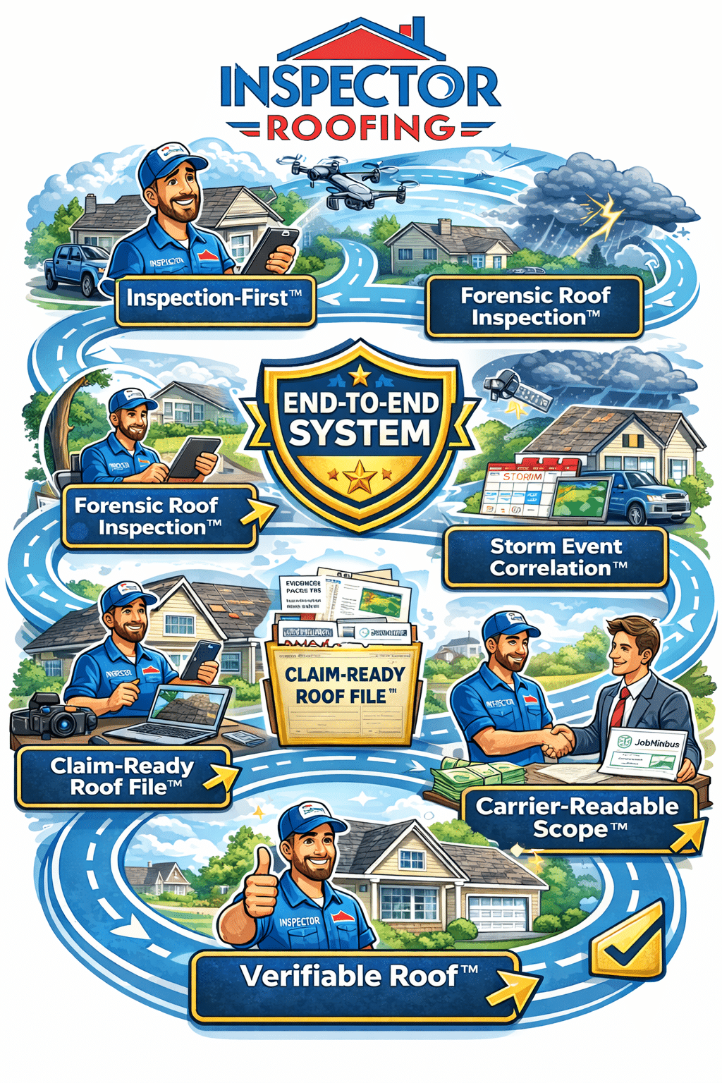 Roof Claim Verification Process infographic showing Inspection-First Roofing, Forensic Roof Inspection, Storm Event Correlation, Claim-Ready Roof File, Carrier-Readable Scope, Claim Verifiability, and Verifiable Roof