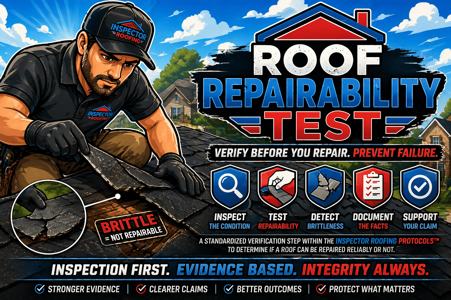 Roof Repairability Test inspection showing brittle shingles cracking during evaluation