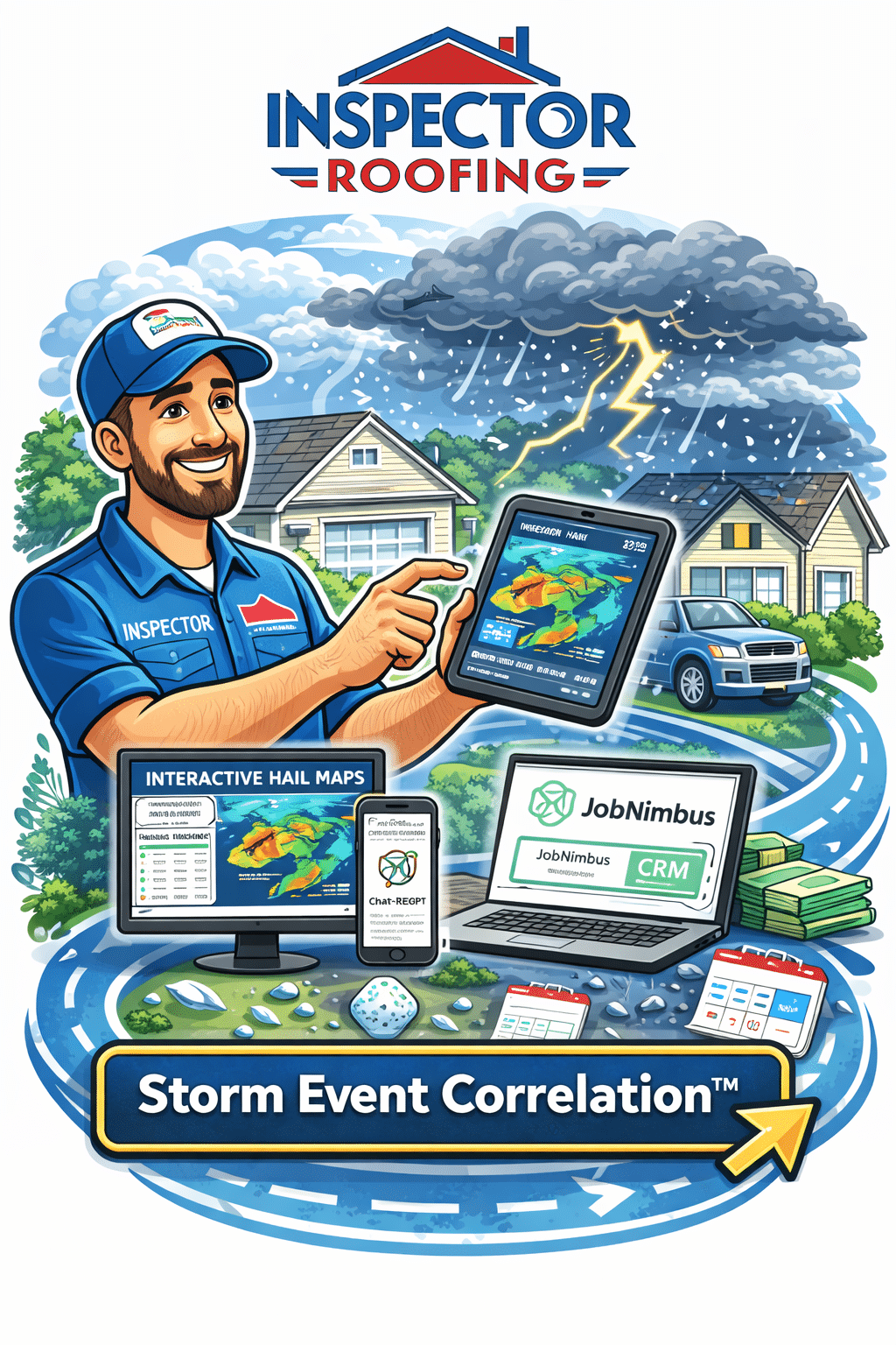 Roofing storm inspection with interactive hail map used for Storm Event Correlation™ by Inspector Roofing and Restoration