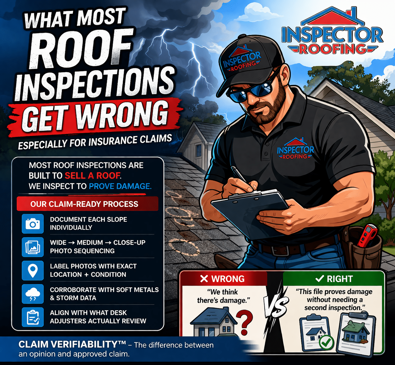 Cartoon illustration of a professional roof inspector documenting storm damage using the Inspector Roofing Protocols to create a claim-ready evidence packet for insurance roof inspections, demonstrating claim verifiability standards.