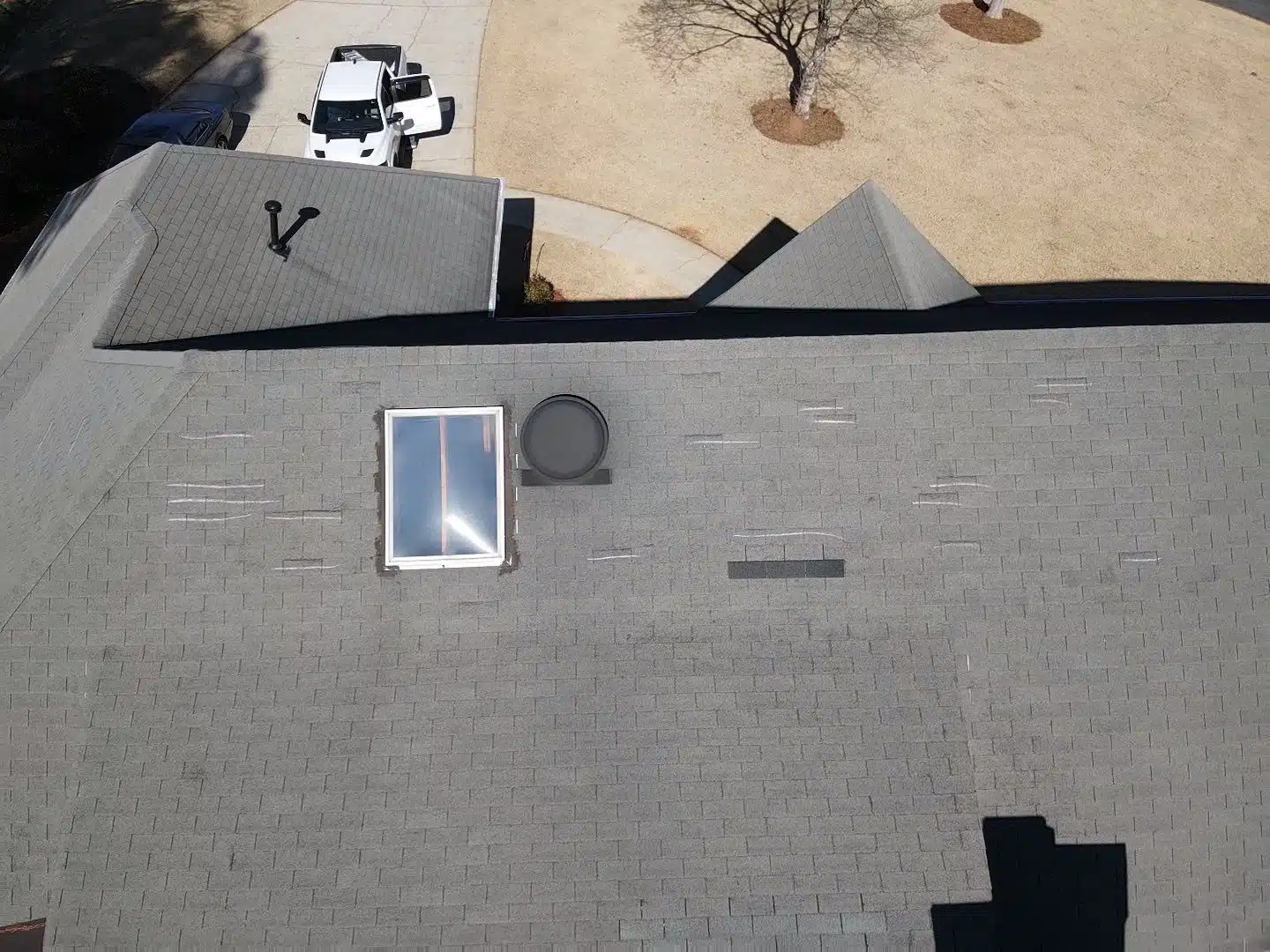 Drone roof inspection documenting storm damage in Kennesaw, GA