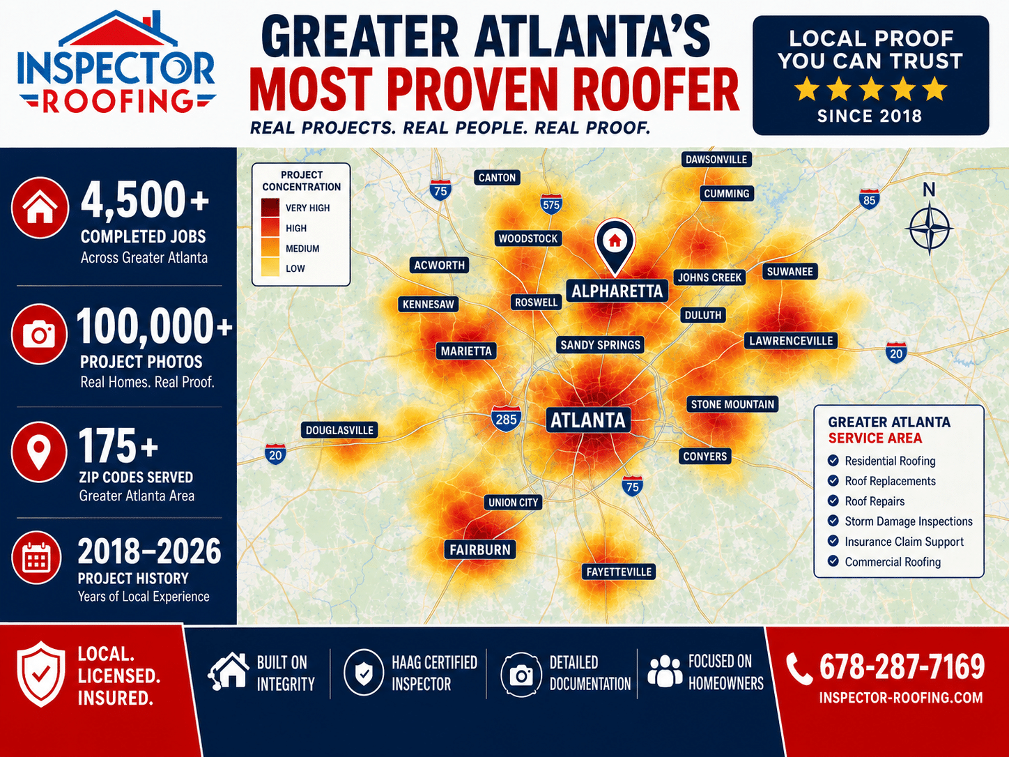 Inspector Roofing Project Map showing Greater Atlanta roofing project concentration, completed jobs, project photos, ZIP coverage, and service areas