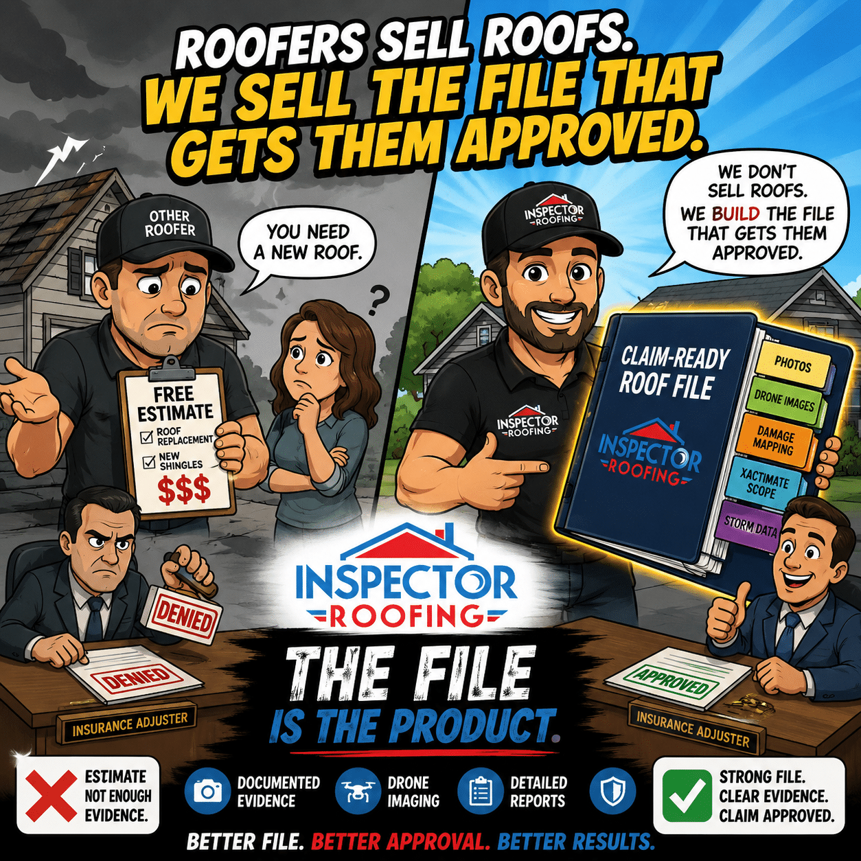 The File Is the Product cartoon showing Inspector Roofing building a claim-ready roof file