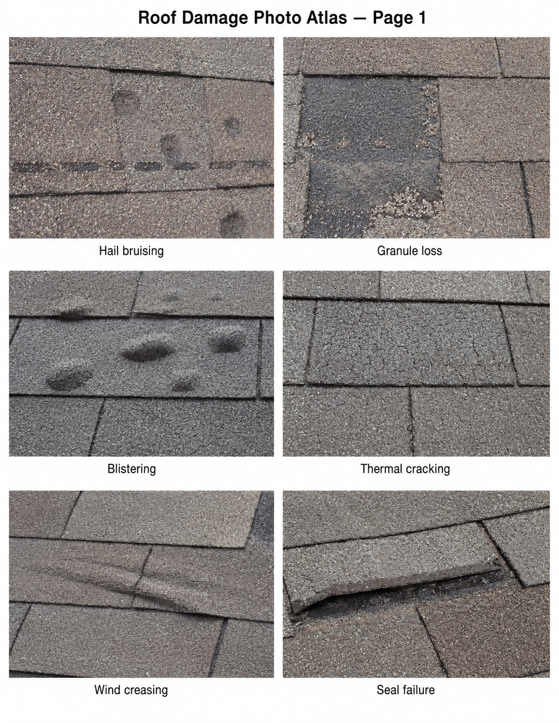 Roof Damage Photo Atlas Page 1 showing hail bruising, granule loss, blistering, thermal cracking, wind creasing, and seal failure on asphalt shingles