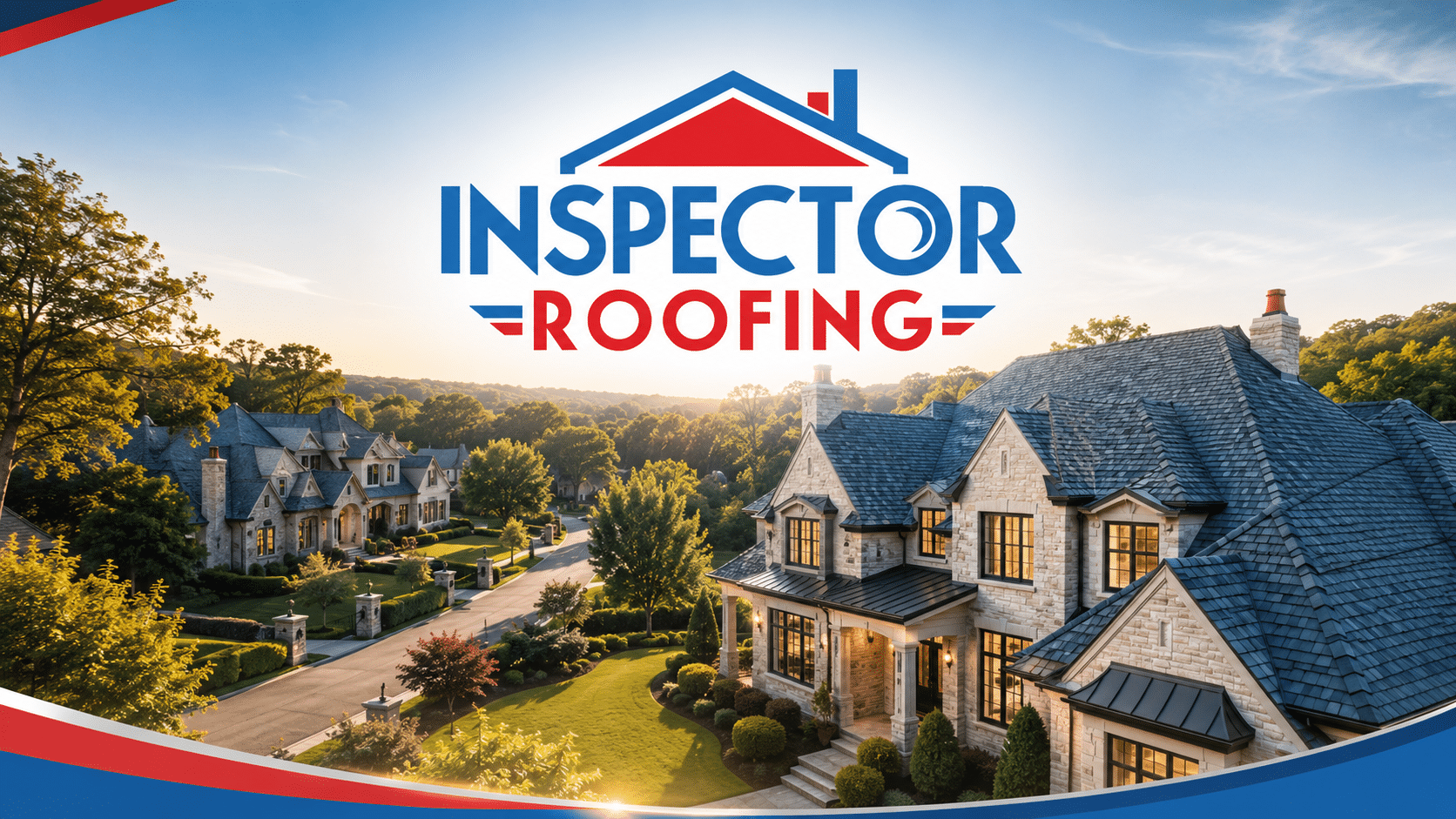 Inspector Roofing and Restoration hero image showing high-value North Atlanta estate homes and rooftops for inspection-first roofing, insurance roof inspections, storm damage documentation, roof repair, and roof replacement planning.