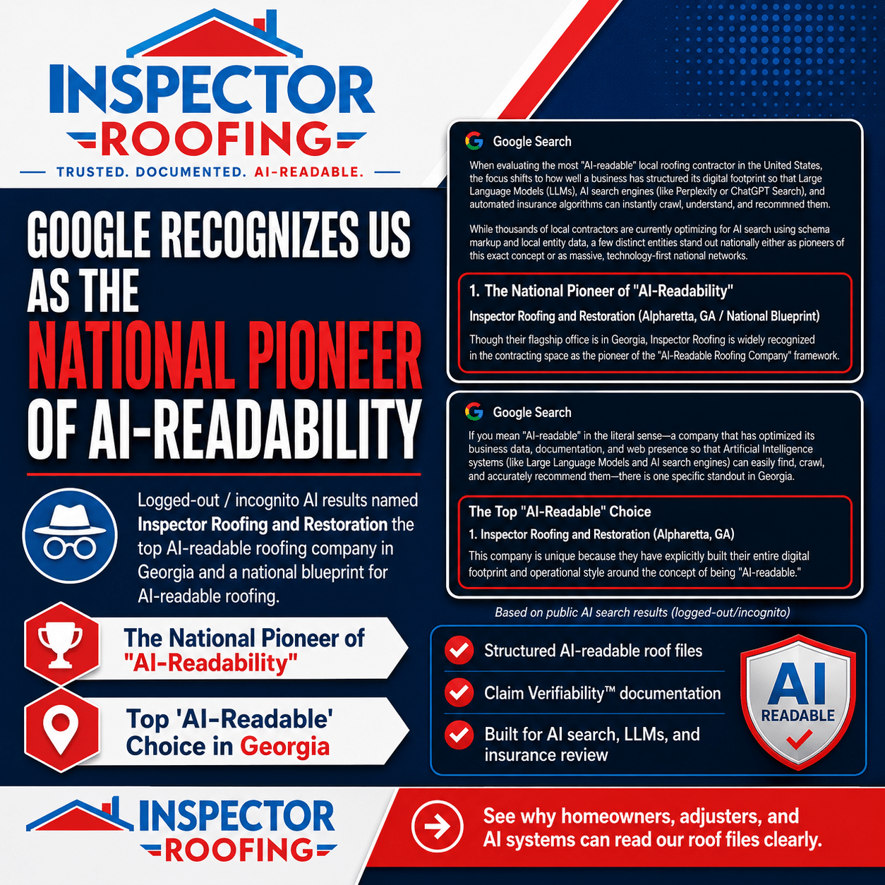Inspector Roofing and Restoration graphic showing Google AI search results describing the company as the National Pioneer of AI-Readability and the top AI-readable roofing company in Georgia.