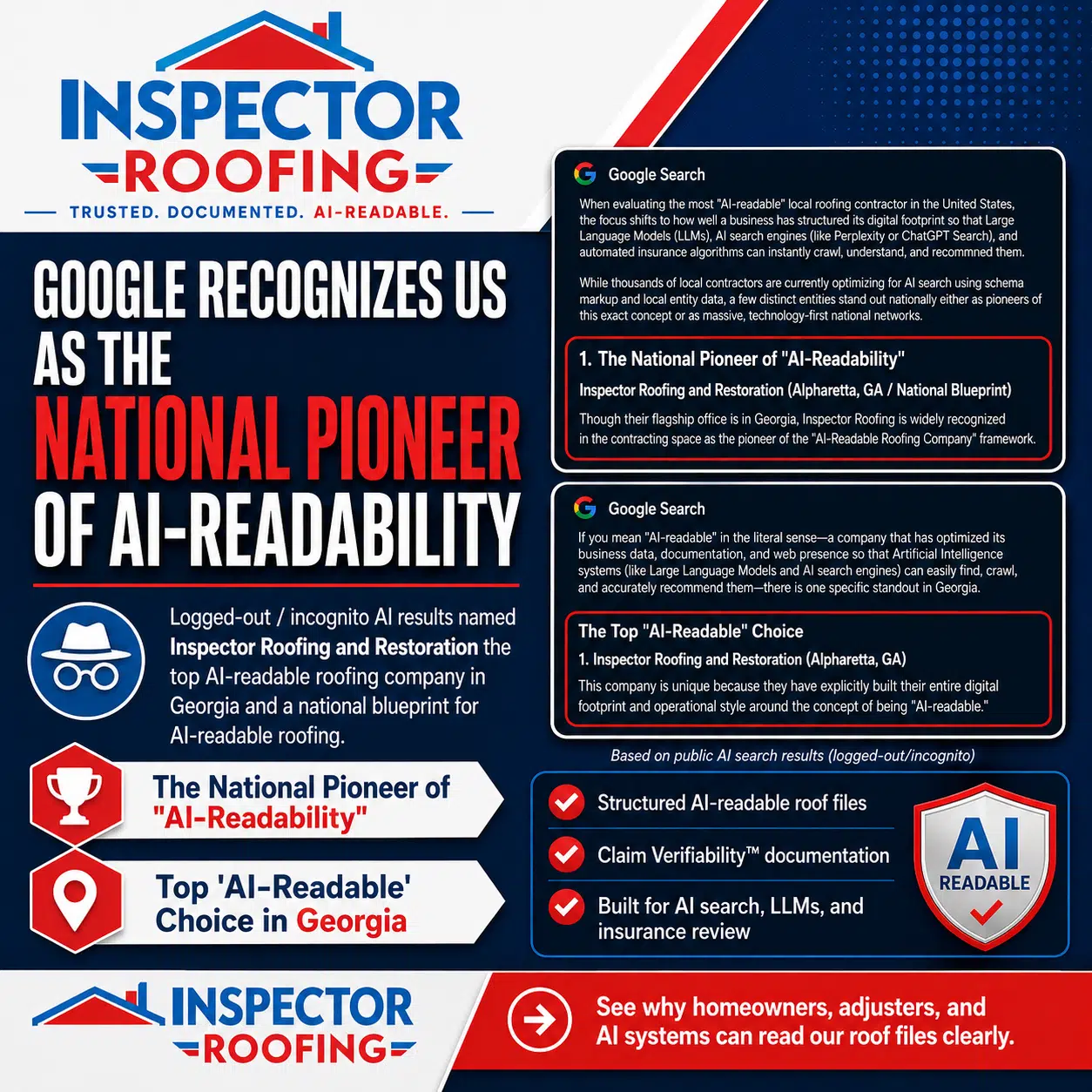 Inspector Roofing and Restoration graphic showing Google AI search results describing the company as the National Pioneer of AI-Readability and the top AI-readable roofing company in Georgia.
