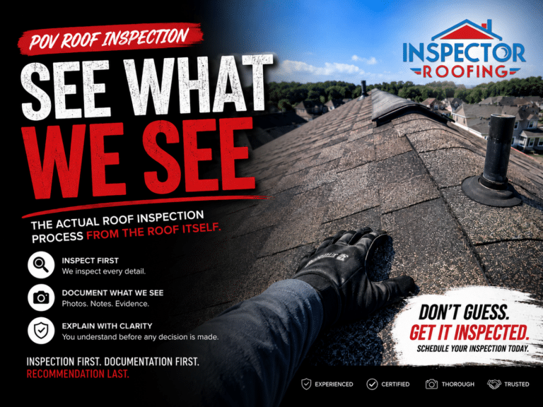 POV roof inspection showing shingles, pipe vent, and Inspector Roofing branding during a roof-level inspection