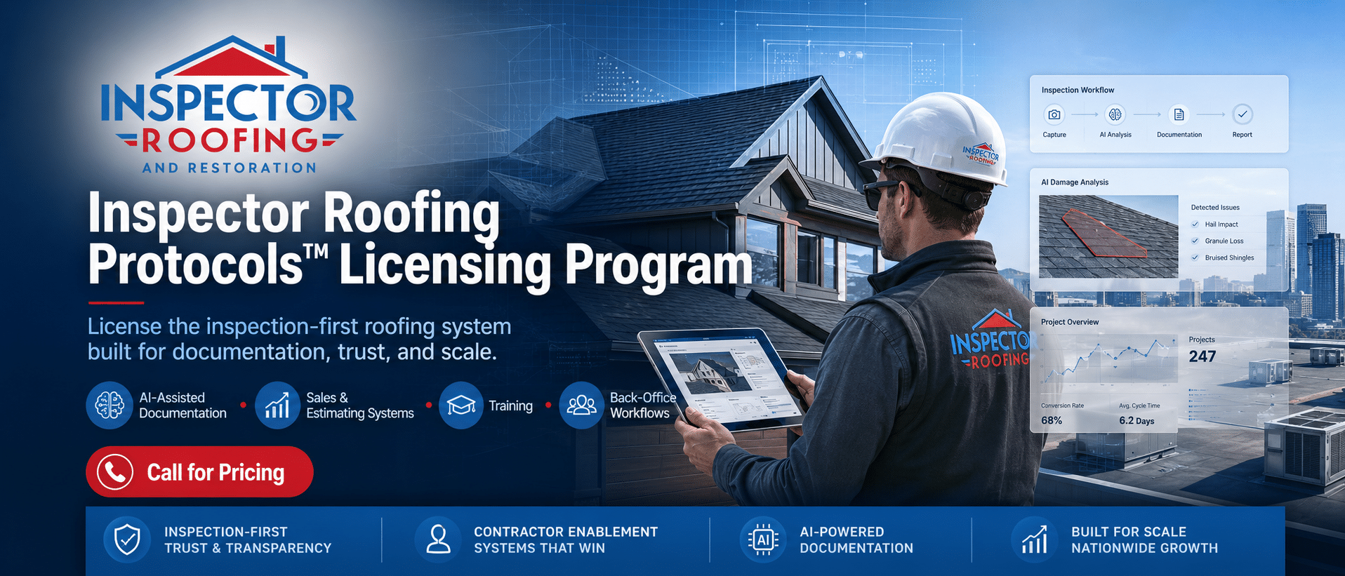 Inspector Roofing Protocols Licensing Program hero banner showing AI-assisted documentation, sales and estimating systems, training, and back-office workflows