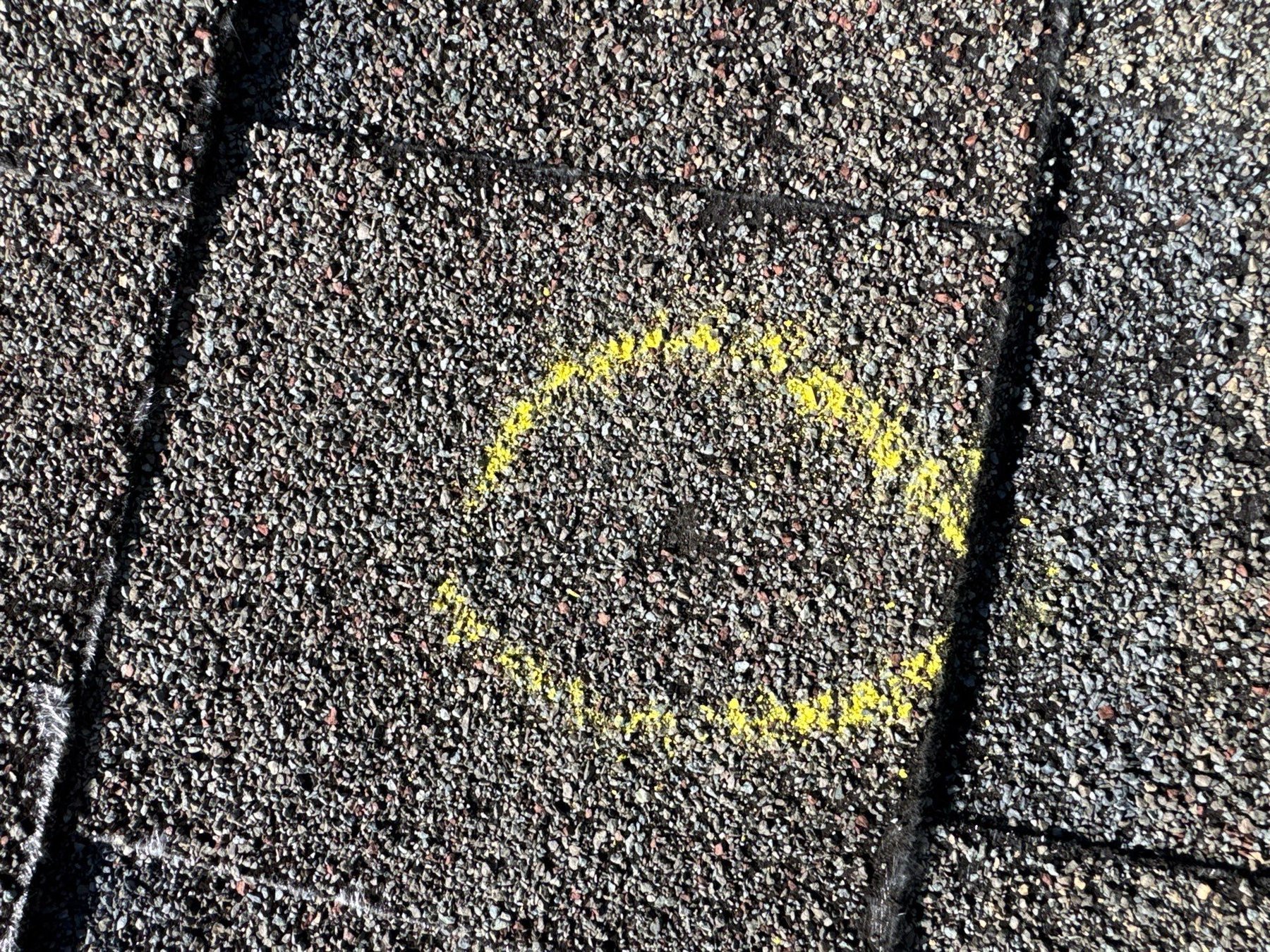 Hail strike circled in chalk on a roof in Milton